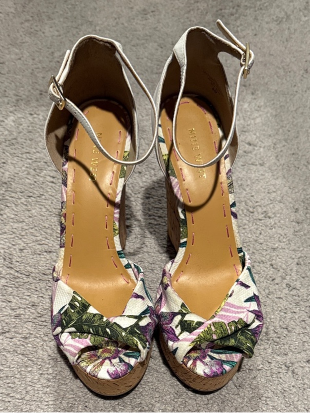 Nine West Floral Platform Wedge Sandals - White/Purple/Green